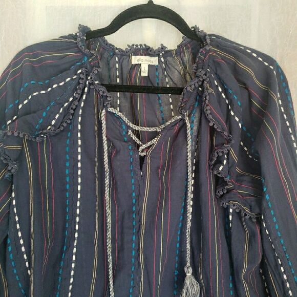 Ella Moss Blouse Womens L Blue Top Braided Tassels Fring Semi Sheer Boho Peasant - Picture 2 of 10